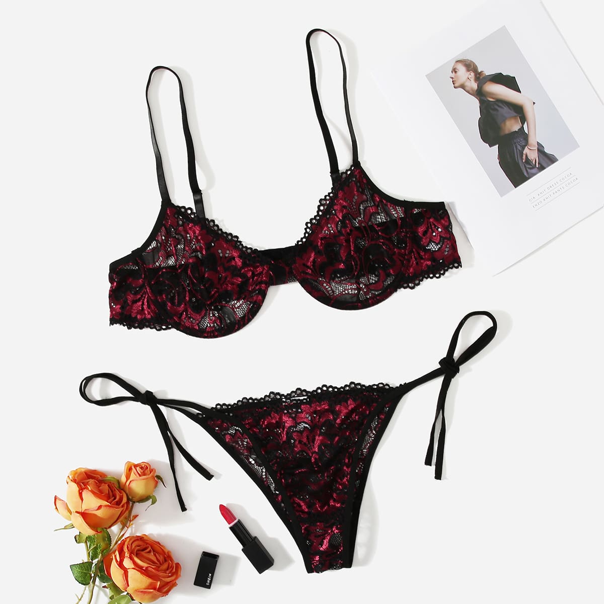 

Plus Floral Lace Underwire Lingerie Set, Burgundy