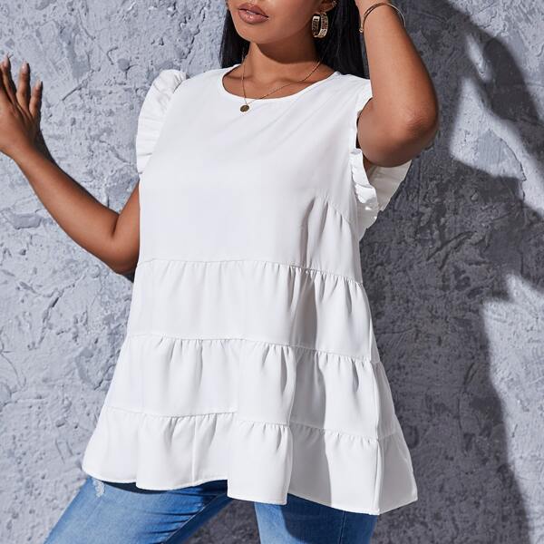 

Plus Solid Ruffle Trim Smock Blouse, White