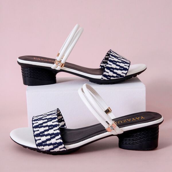 

Chevron Graphic Chunky Heeled Mules, Blue and white