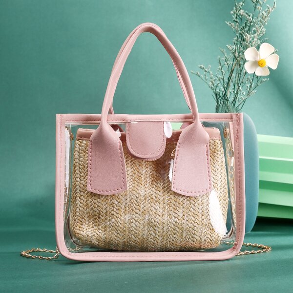 

Clear Satchel Bag With Inner Pouch, Beige