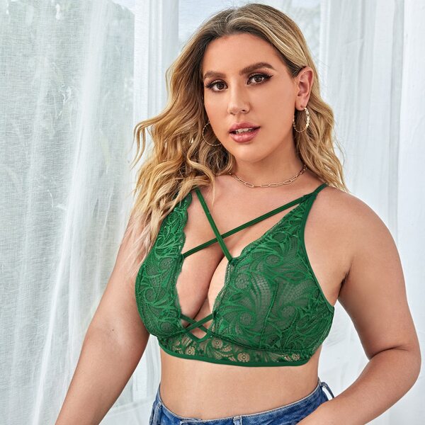 

Plus Floral Lace Crisscross Bralette, Dark green