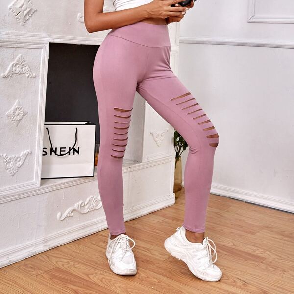 

Solid Ripped Wide Waistband Leggings, Pink