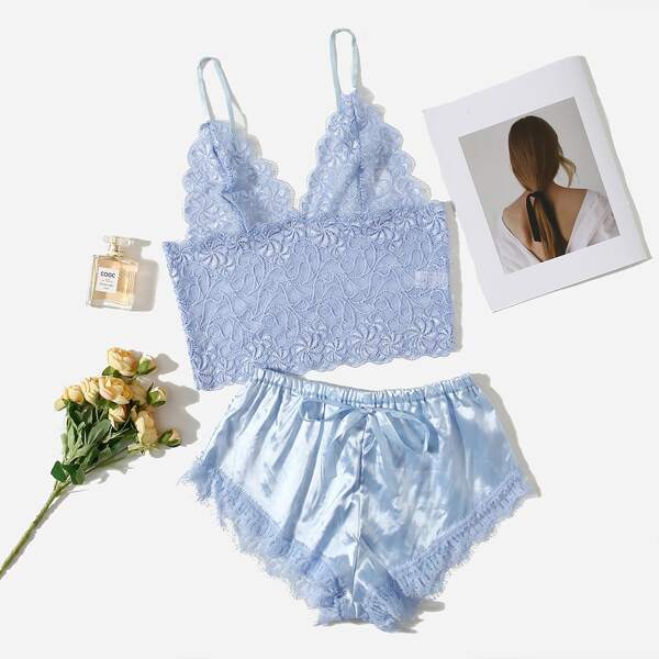 

Floral Lace Longline Bralette With Satin Shorts, Baby blue