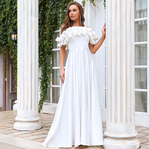 

Exaggerated Ruffle Off Shoulder Maxi Dress, White