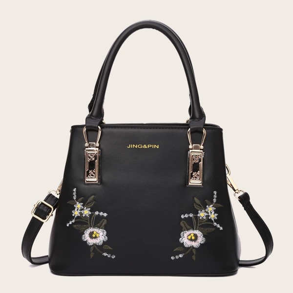 

Flower Embroidered Tote Bag, Black