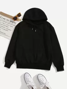 SHEIN Unity 素色抽繩連帽衫 - 黑色 - 查看 1