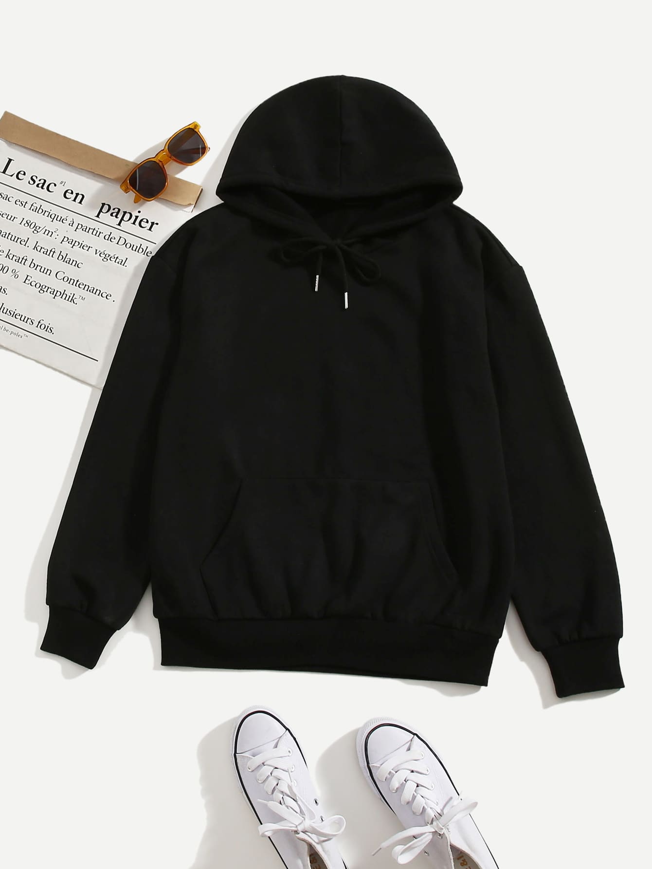 SHEIN Unity 素色抽繩連帽衫 - 黑色 - 查看 1