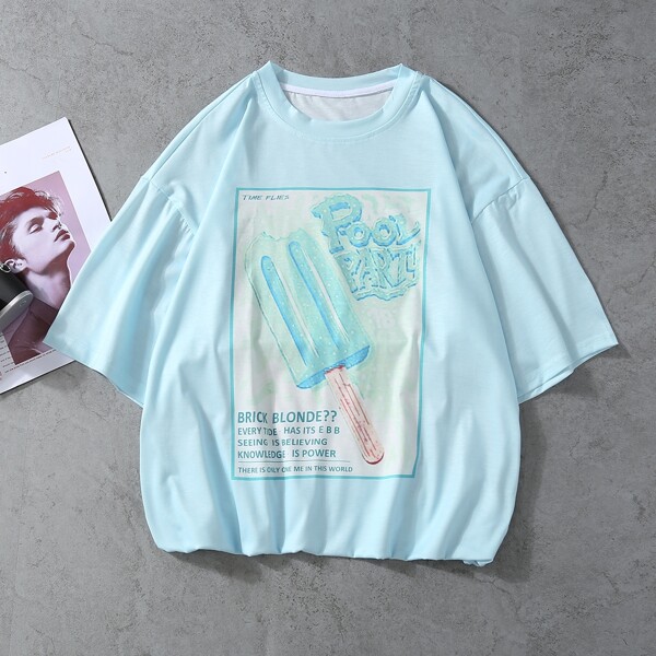 

Men Slogan And Graphic Print Tee, Blue