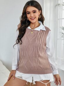 Calvaya Plus Cable Knit Sweater Vest Without Blouse - Dusty Pink - View 1