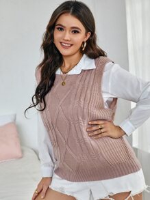 Calvaya Plus Cable Knit Sweater Vest Without Blouse - Dusty Pink - View 5