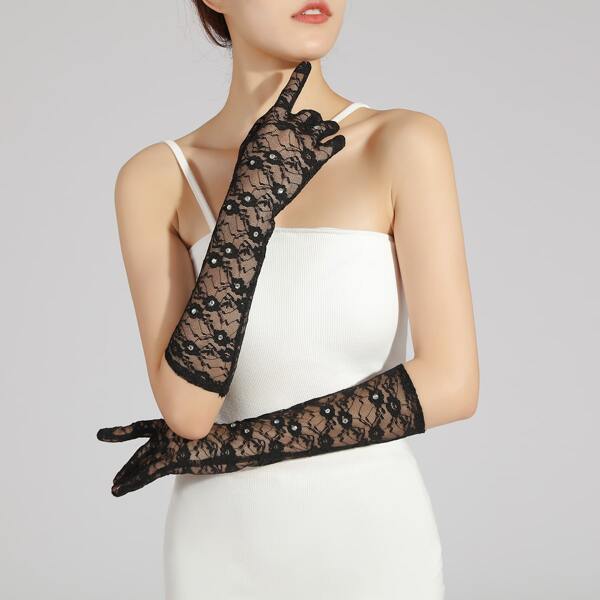 

Rhinestone Decor Lace Gloves, Black