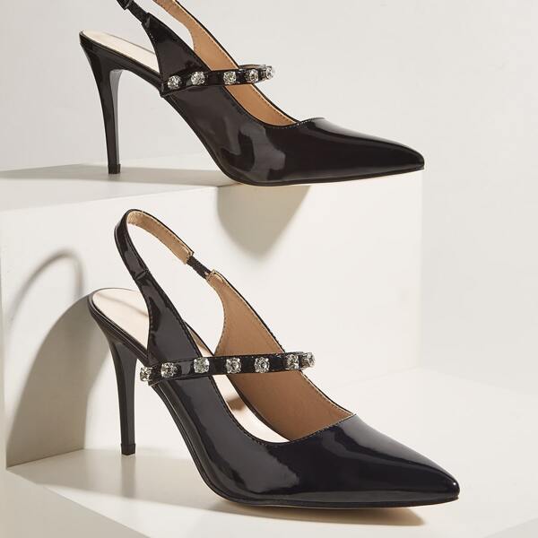 

Rhinestone Decor Stiletto Heeled Slingback Pumps, Black