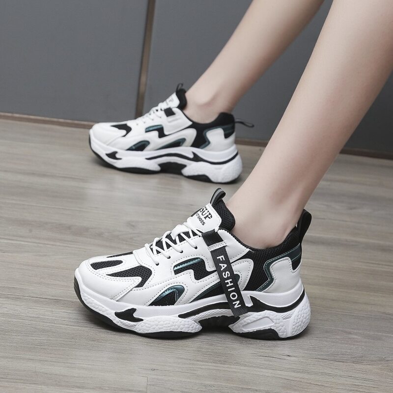 

Lace Up Front Mesh Panel Chunky Sneakers, Black and white