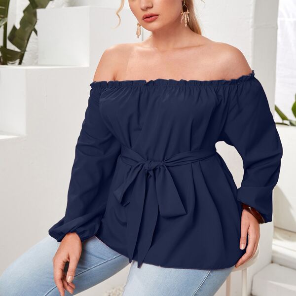 

Plus Frill Trim Belted Bardot Blouse, Blue