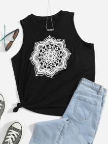 SHEIN Floral Print Tank Top - Black - View 1