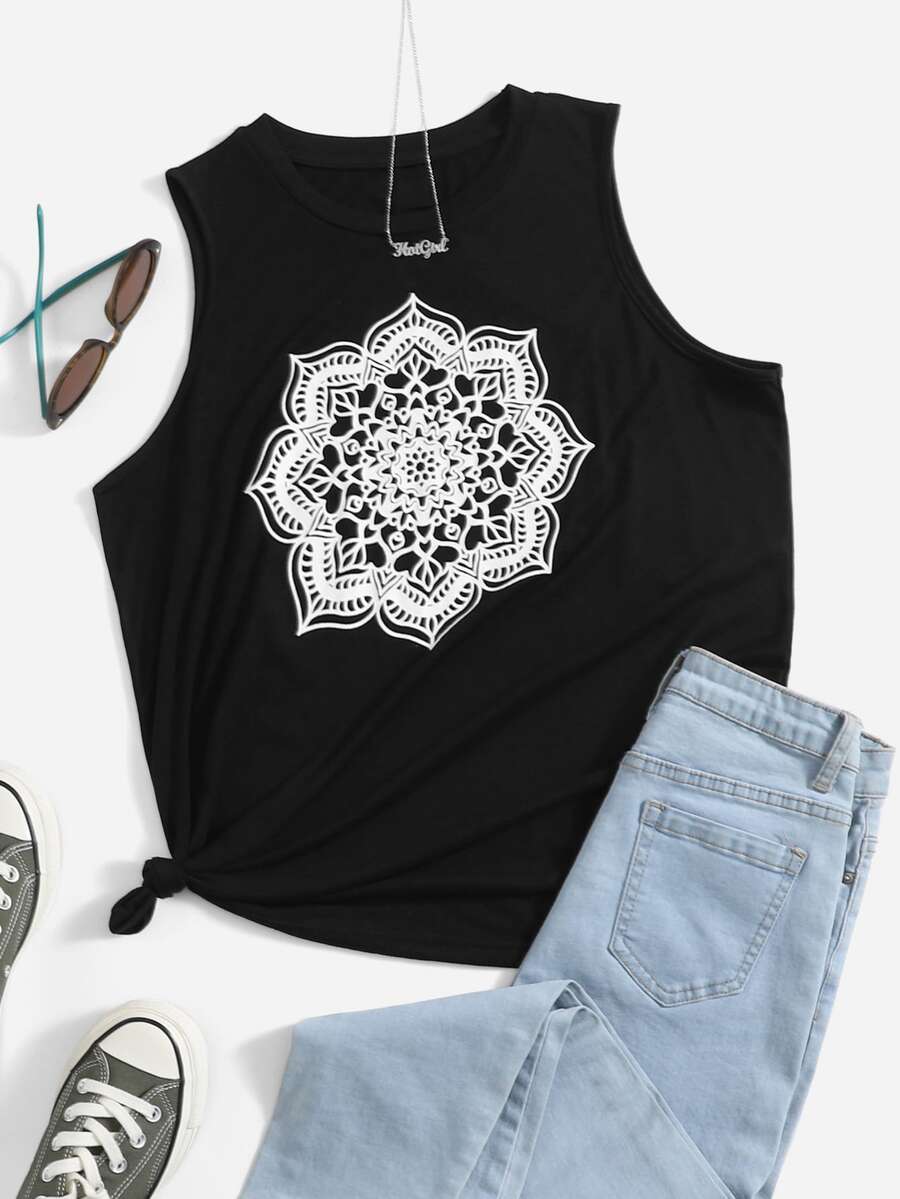 SHEIN Floral Print Tank Top - Black - View 1