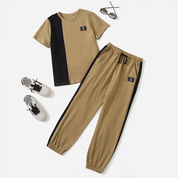 

Boys Two Tone Patch Detail Tee & Drawstring Waist Sweatpants, Khaki