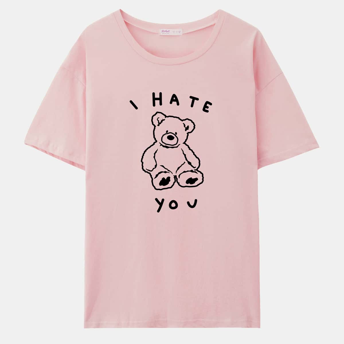 

Slogan Cartoon Bear Graphic Tee, Baby pink
