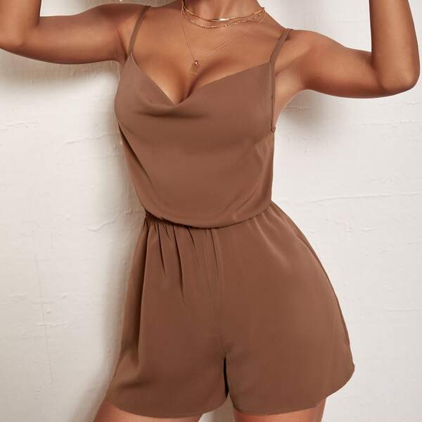 

Solid Knot Backless Cami Jumpsuit, Brown
