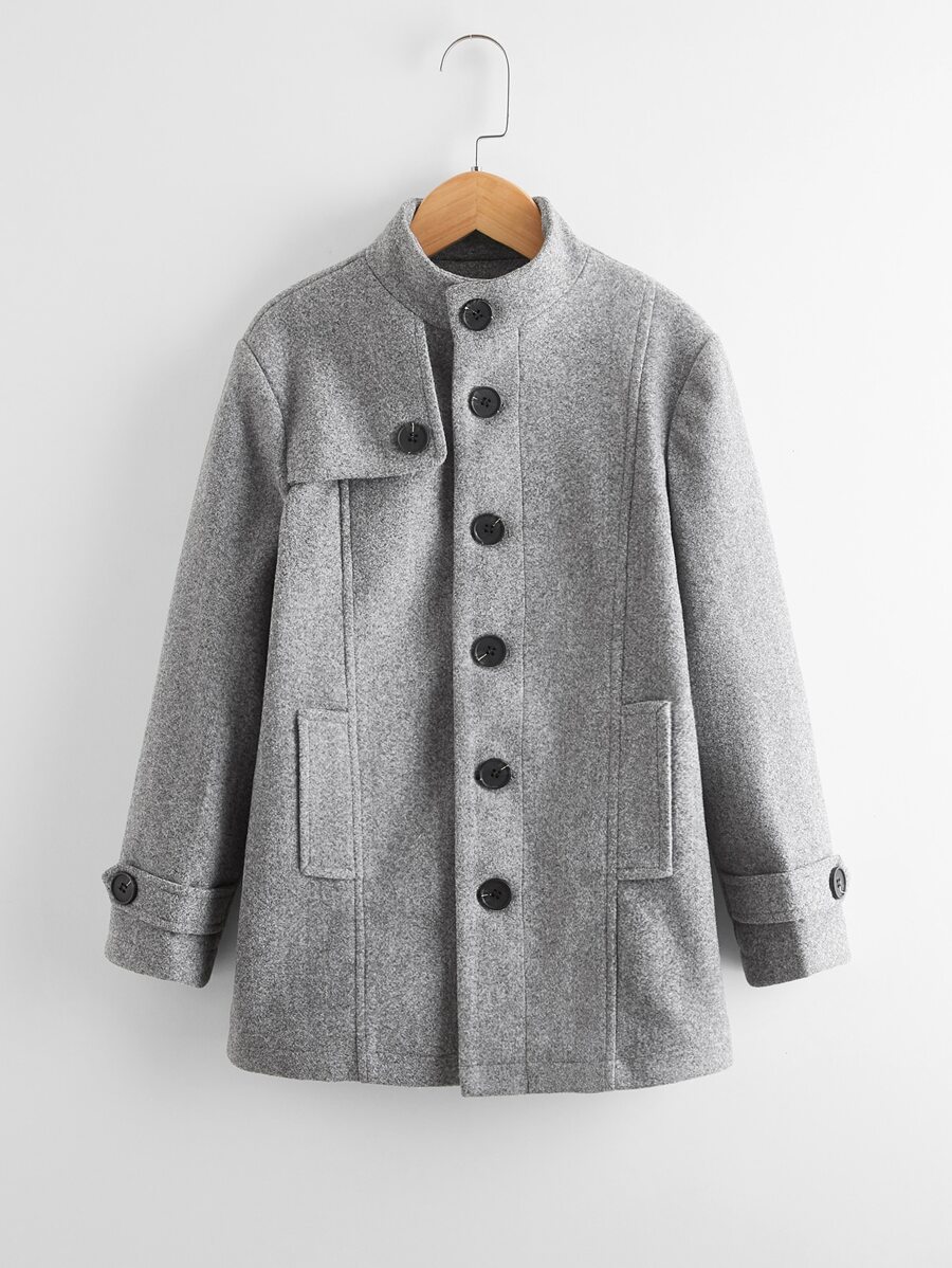 SHEIN Boys Flap Detail Button Through Coat - Grey - View 1