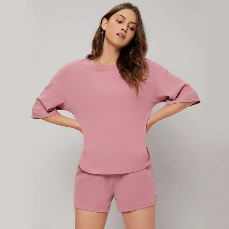 

Drop Shoulder Solid Tee and Track Shorts PJ Set, Dusty pink