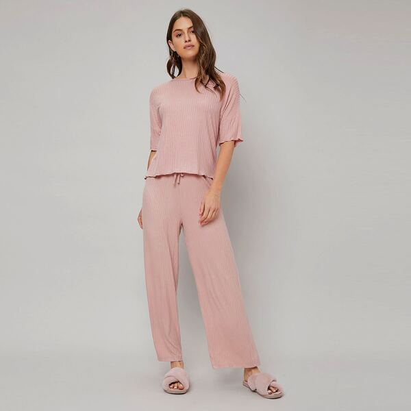 

Drawstring Waist Rib-knit Wide Leg Lounge Pants, Coral pink
