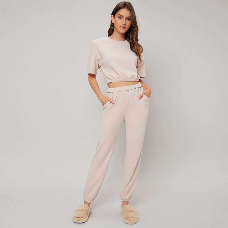 

Drop Shoulder Solid Top And Joggers Lounge Set, Apricot