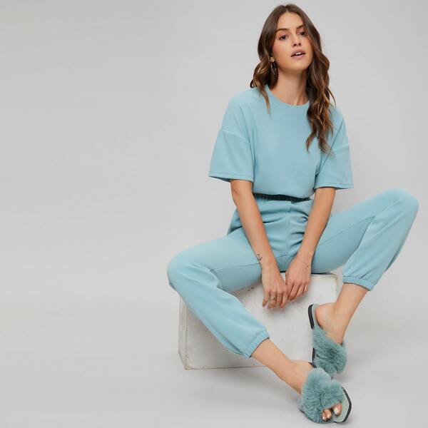 

Solid Drop Sleeve Lounge Set, Green