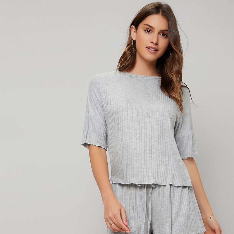 

Lettuce Trim Rib-knit Lounge Top, Light grey