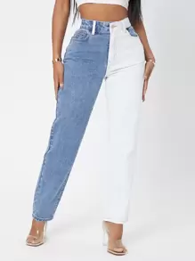 SHEIN SXY Jeans de pierna recta de dos colores - Azul y blanco - Ver 1