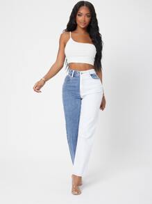 SHEIN SXY Jeans de pierna recta de dos colores - Azul y blanco - Ver 4