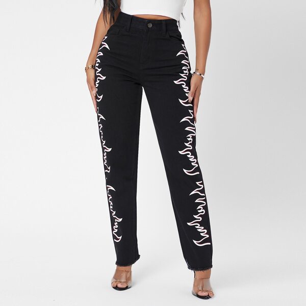 

Fire Print Straight Leg Jeans, Black