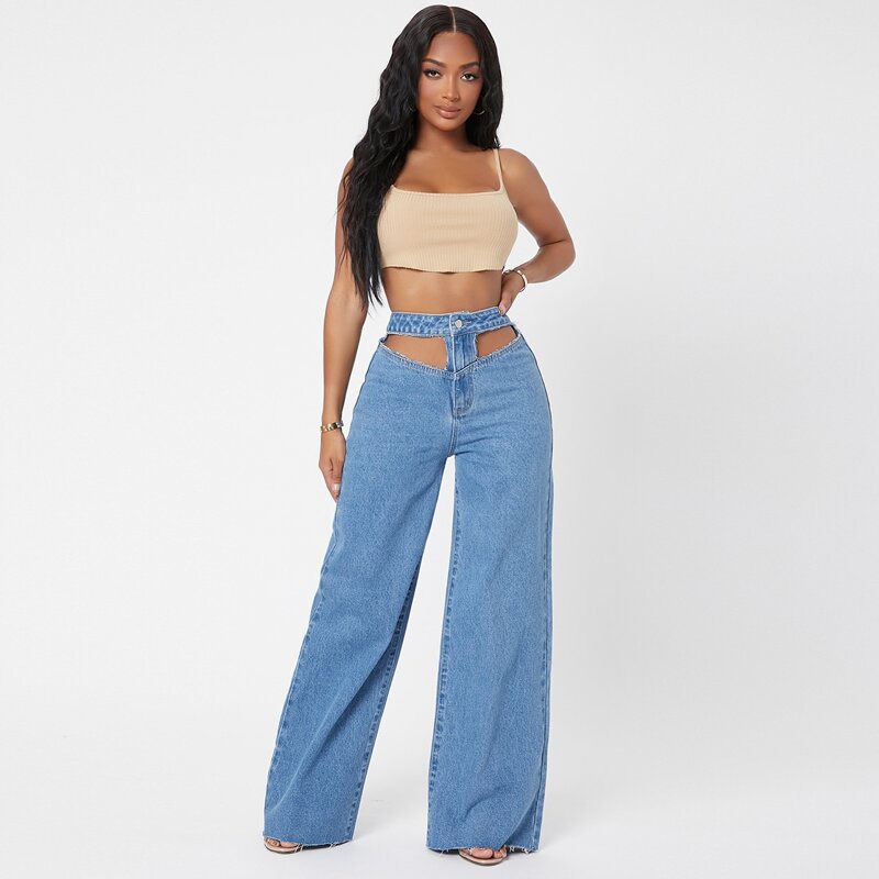 

Cutout Waist Wide Leg Jeans, Medium wash