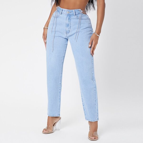 

High Waist Chain Detail Jeans, Light wash