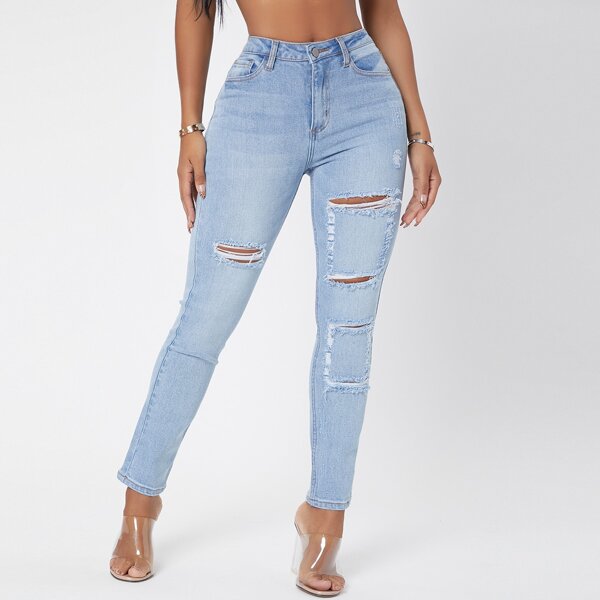 

Curvy High Waist Ripped Skinny Jeans, Light wash