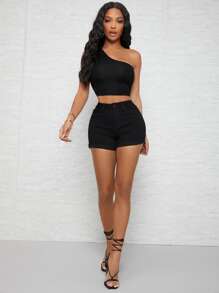 SHEIN SXY 曲線高腰牛仔短褲 - 黑色 - 查看 4