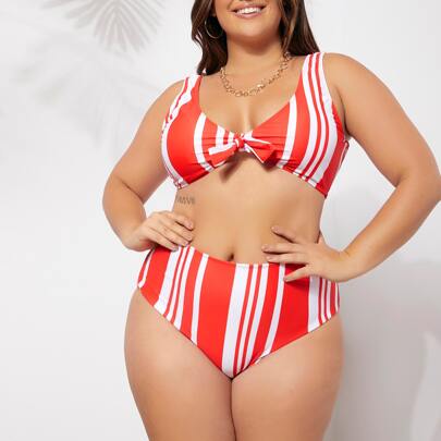 Plus Striped Knot Front Bikini Swimsuit