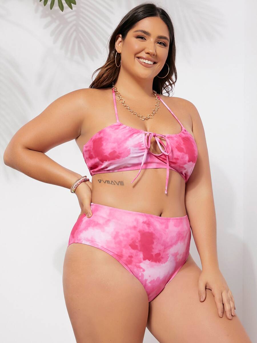 SHEIN Swim Curve Plus Size Tie Dye Knot Front Halter Bikini Set Summer Beach - Pink - View 1