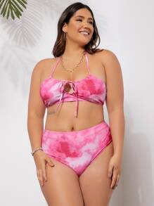 SHEIN Swim Curve Plus Size Tie Dye Knot Front Halter Bikini Set Summer Beach - Pink - View 4