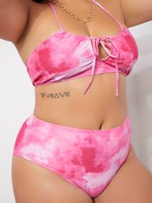 SHEIN Swim Curve Plus Size Tie Dye Knot Front Halter Bikini Set Summer Beach - Pink - View 5