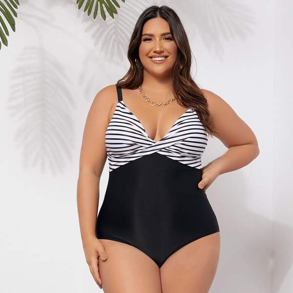 

Plus Striped One Piece Swimsuit, Black and white