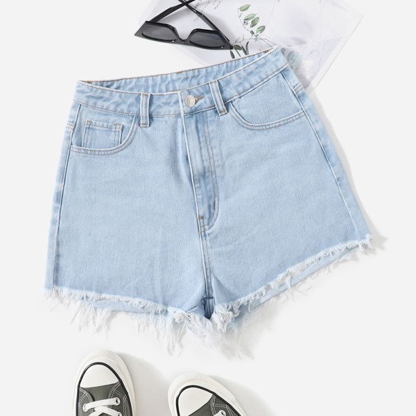 

High Waist Letter Patch Ripped Raw Hem Denim Shorts, Light wash