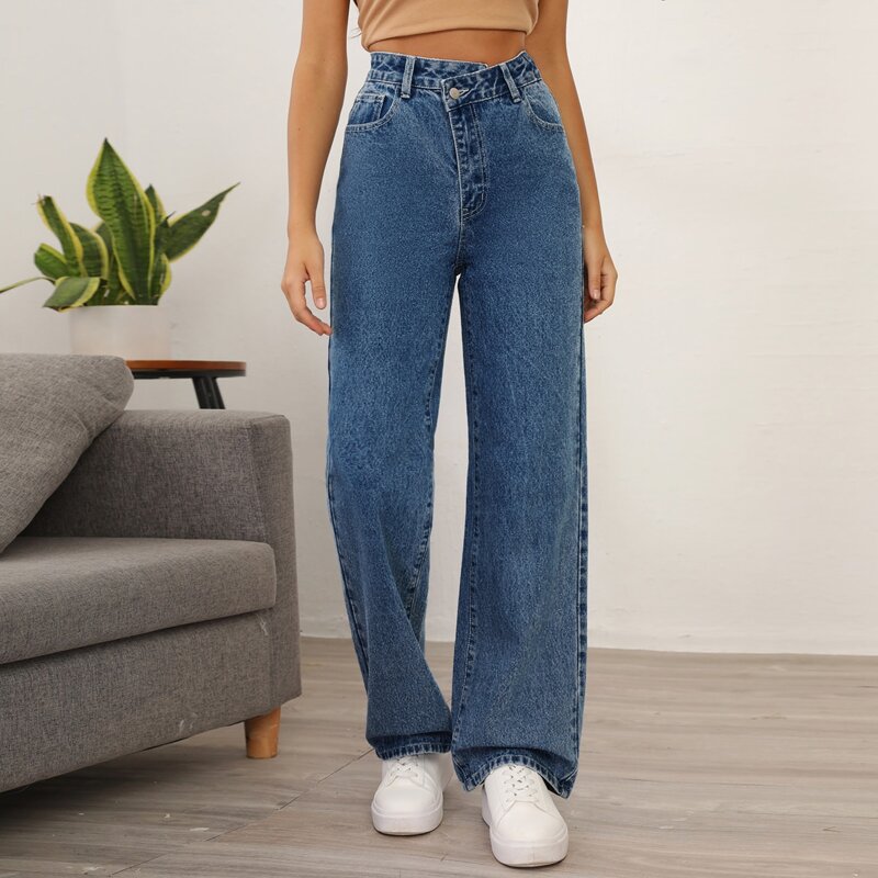 

Asymmetrical Waist Wide Leg Jeans, Medium wash