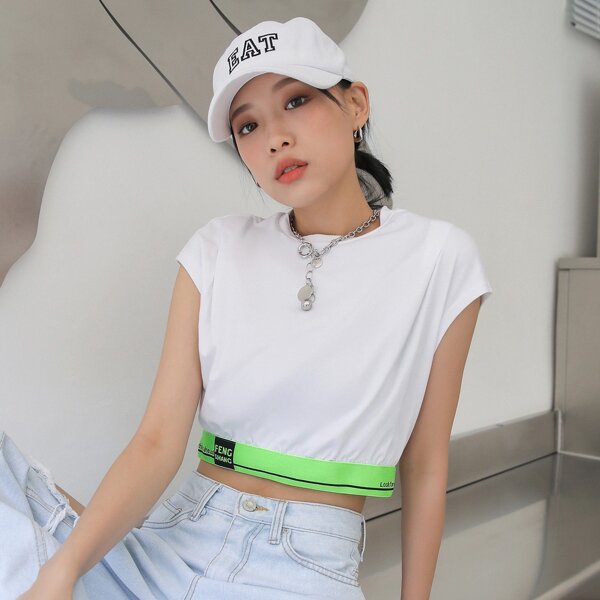 

Letter Tape Batwing Sleeve Crop Cami Top, White
