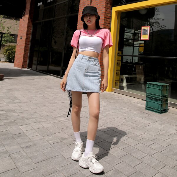 

High Waisted Slant Pocket Denim Skirt, Light wash