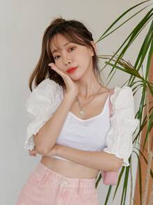 DAZY Top unicolor de cuello scoop de manga farol - Blanco - Ver 1