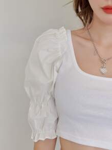 DAZY Top unicolor de cuello scoop de manga farol - Blanco - Ver 3