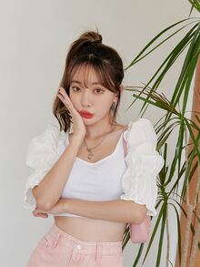 DAZY Top unicolor de cuello scoop de manga farol - Blanco - Ver 4