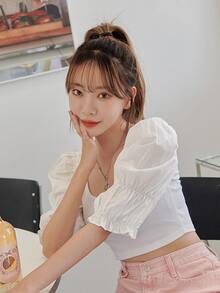 DAZY Top unicolor de cuello scoop de manga farol - Blanco - Ver 6