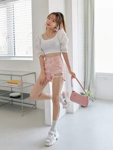 DAZY Top unicolor de cuello scoop de manga farol - Blanco - Ver 7